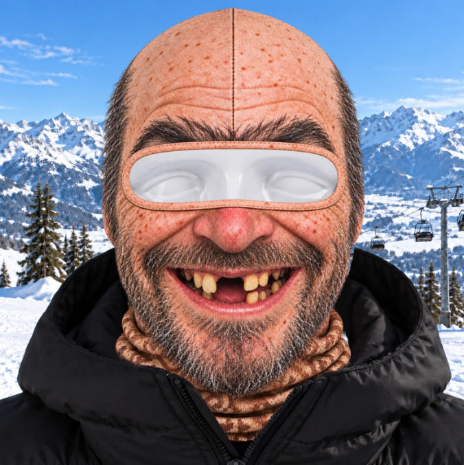 Funny old man ski mask, Toothy Grandpa design with a gap-tooth grin