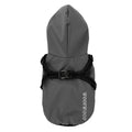 Grey-green dog raincoat with hood, harness and reflective lettering on the back