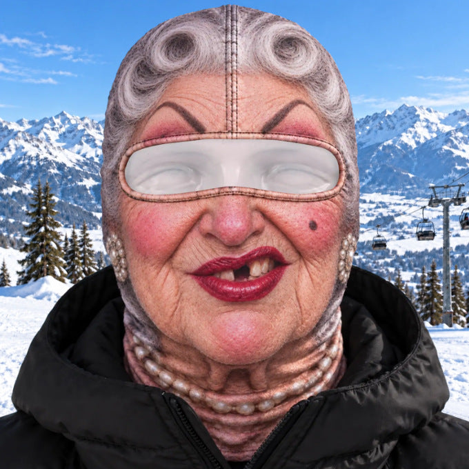 Glam Granny realistic face balaclava with curlers and red lipstick