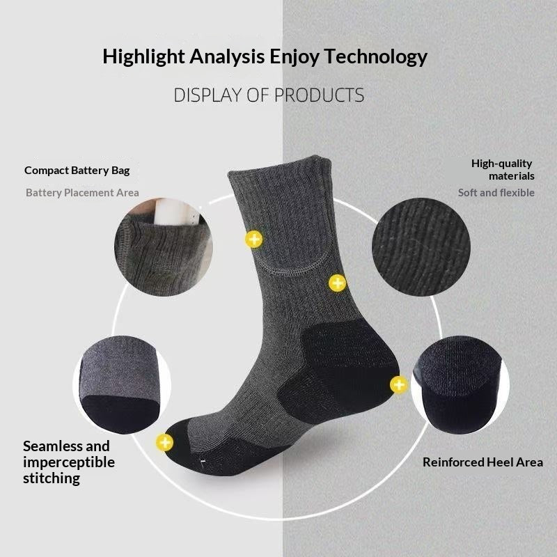 Heated sock features: battery pocket, heating zone and cushioned sole