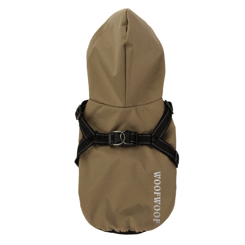 Sand hooded dog raincoat with built-in black chest harness