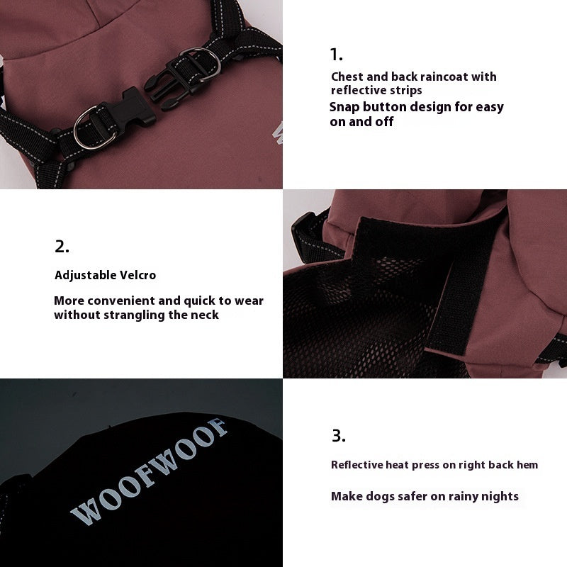 Dog raincoat details: snap buckle harness, adjustable neck closure and reflective print