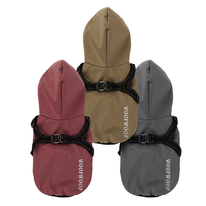 Dog raincoat with harness in three colours: burgundy, sand and grey-green