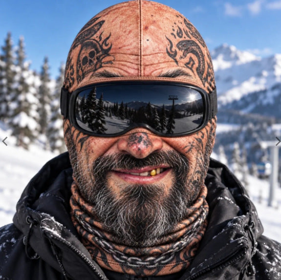 Tattooed Biker funny face ski mask with a beard and goggles
