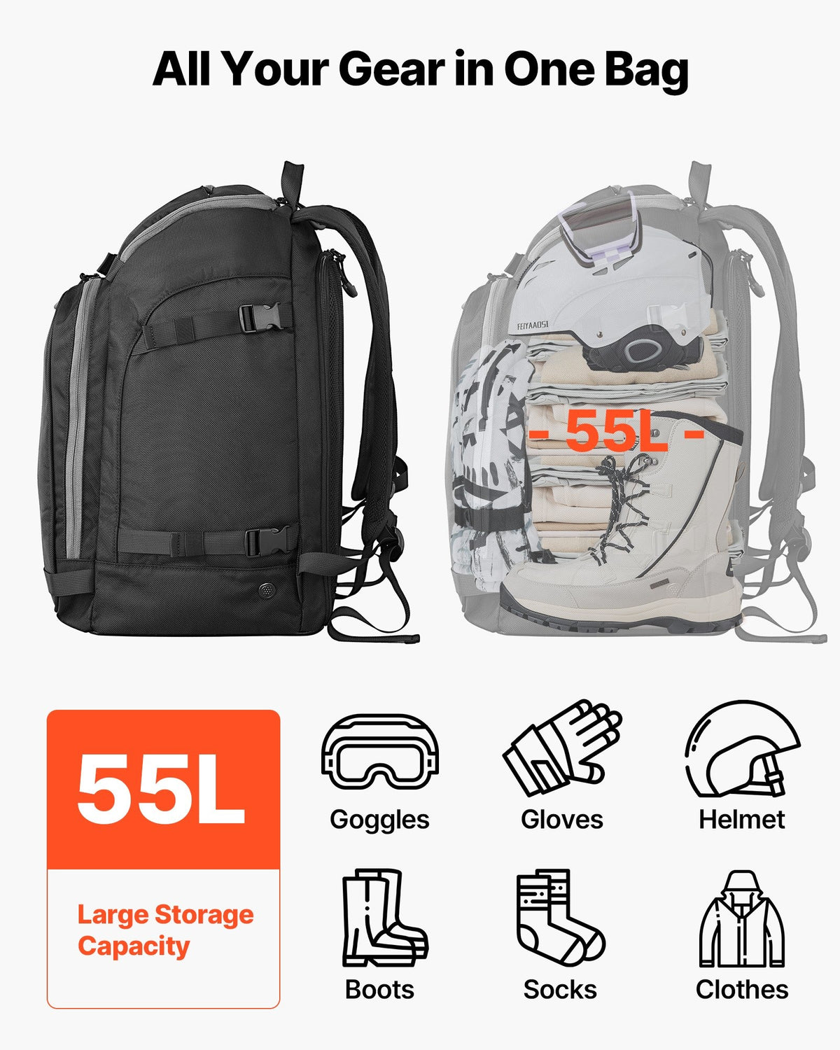 55L Ski Boot Backpack with Waterproof Base