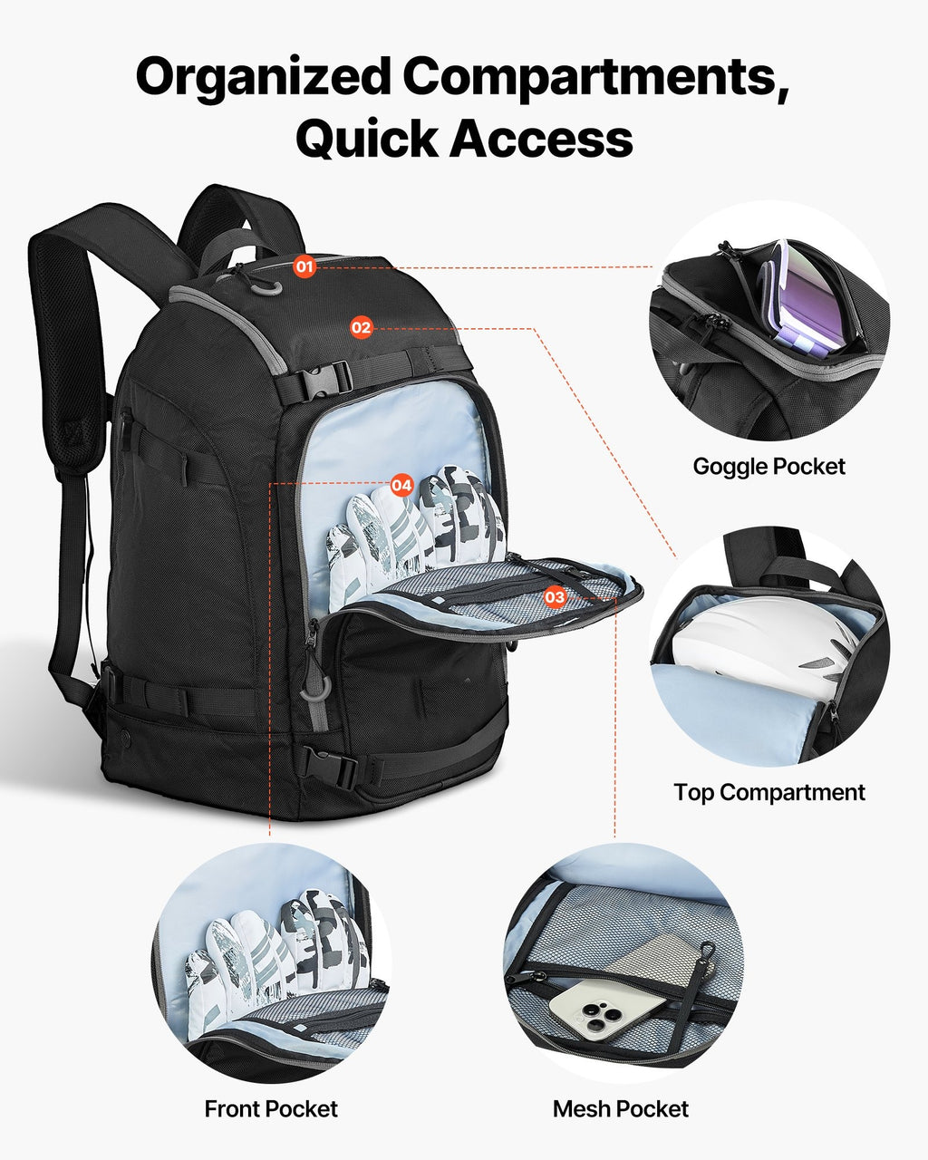 55L Ski Boot Backpack with Waterproof Base