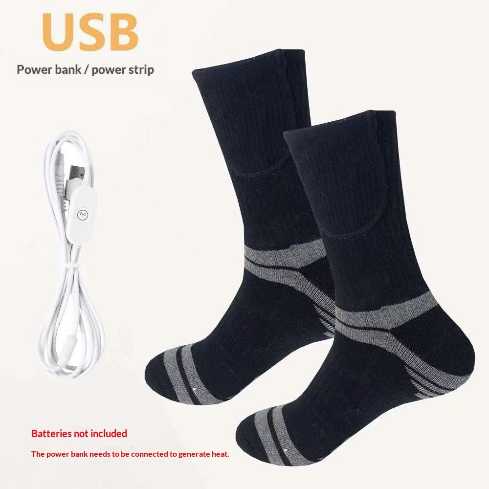 Pair of black and grey heated socks with USB charging cable