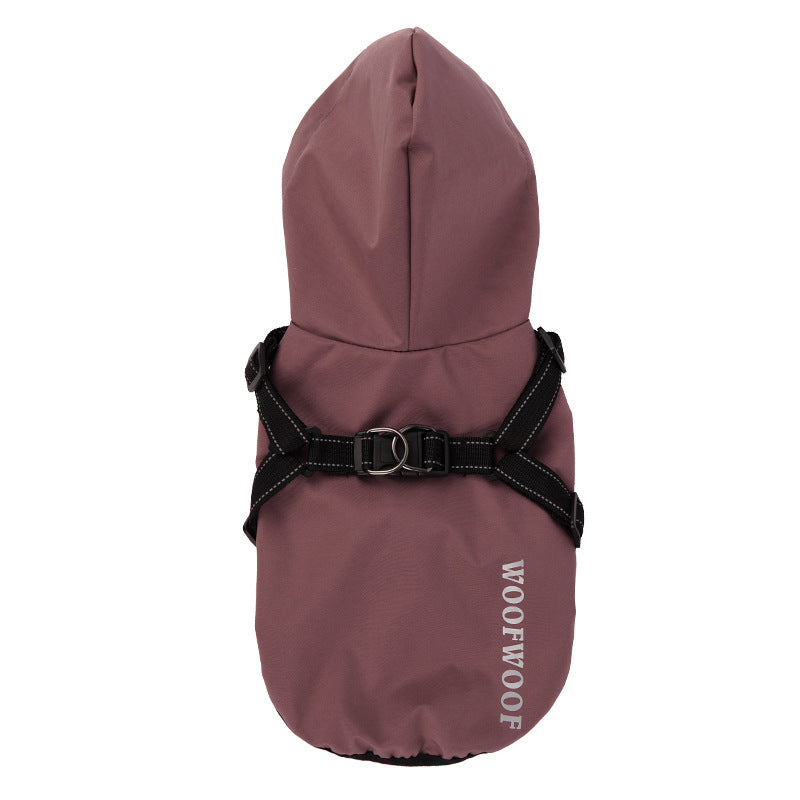 Burgundy hooded dog raincoat with built-in black chest harness