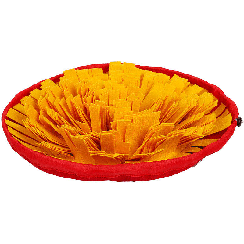 Orange and red snuffle mat for slow feeding