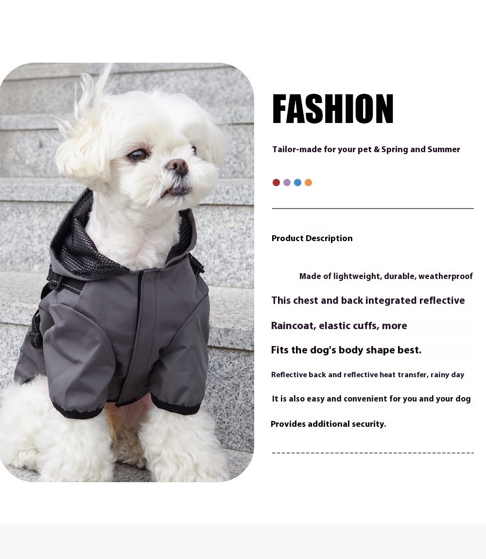 Hooded Dog Raincoat with Built-In Harness