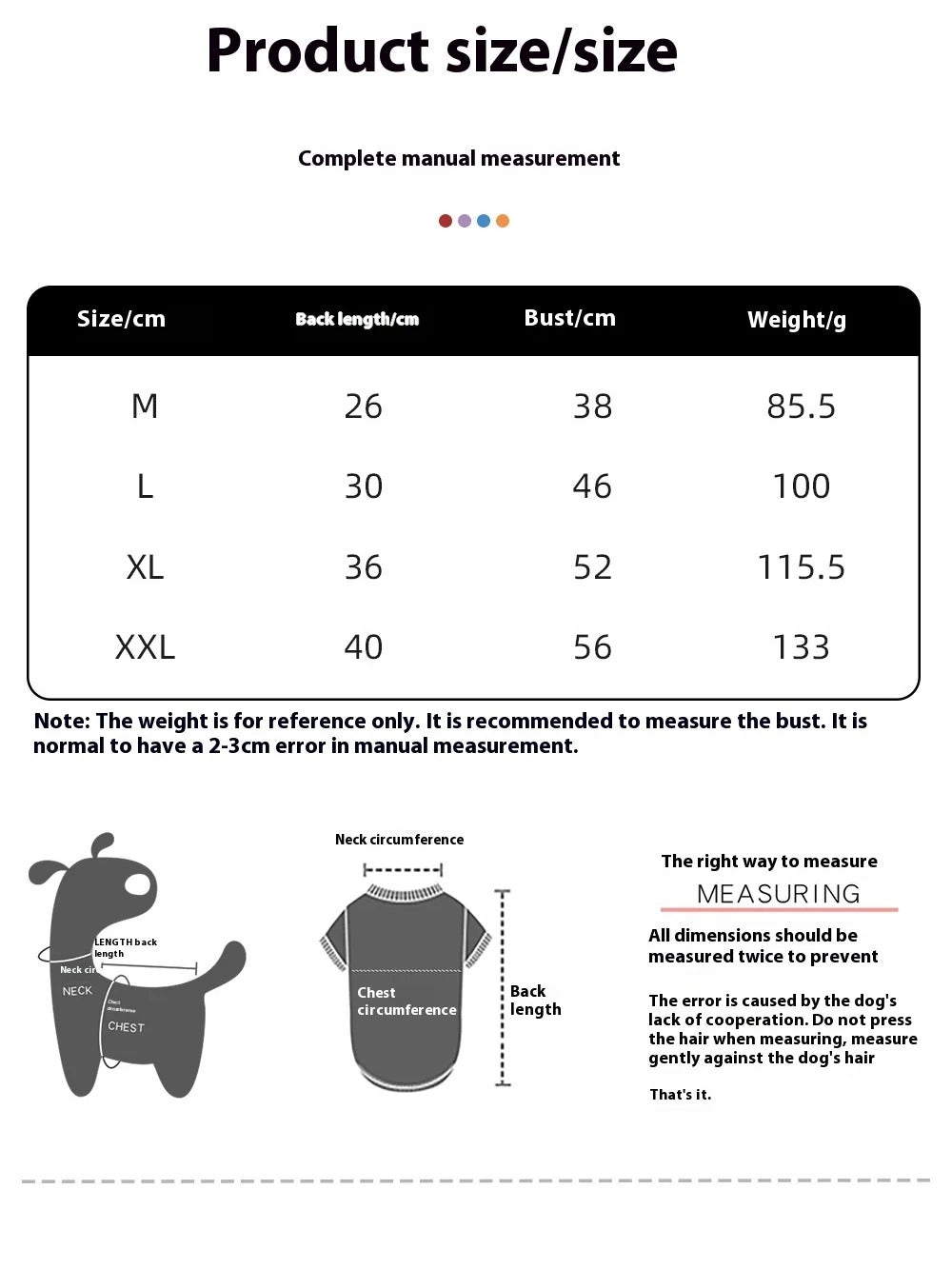 Dog raincoat size chart, sizes M to 2XL, with back length and chest measurements